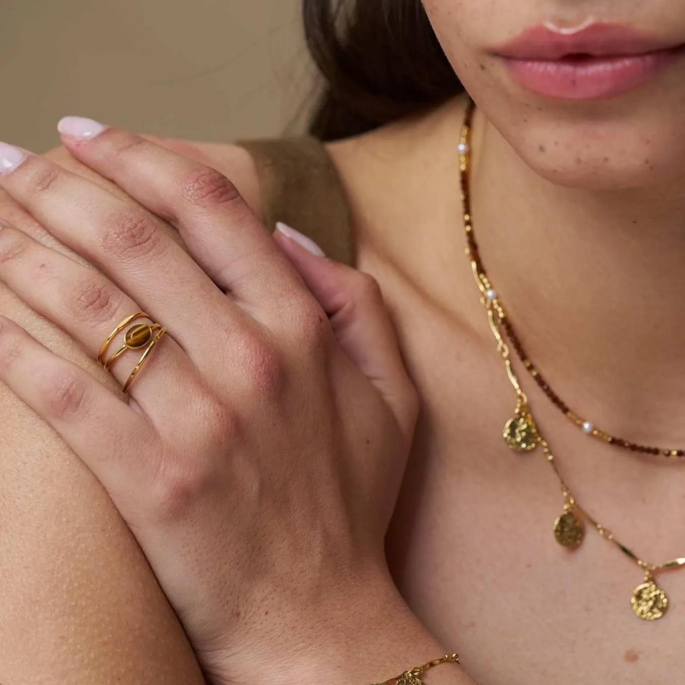 Orelia Tiger's Eye Ring sæt guld 3 stk tigerøje