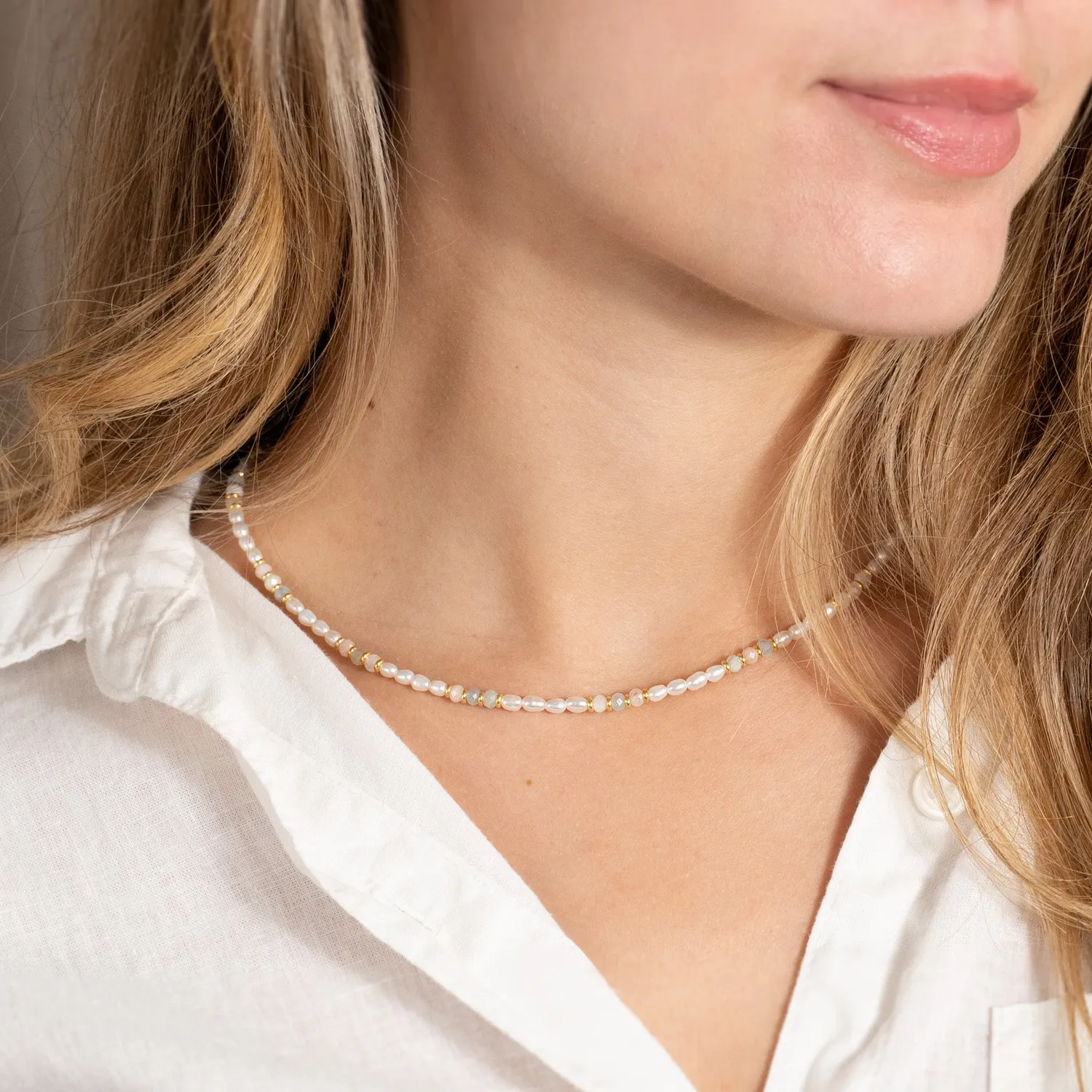 Sisi Copenhagen Dora Morganite Pearl Golden halskæde 42 cm
