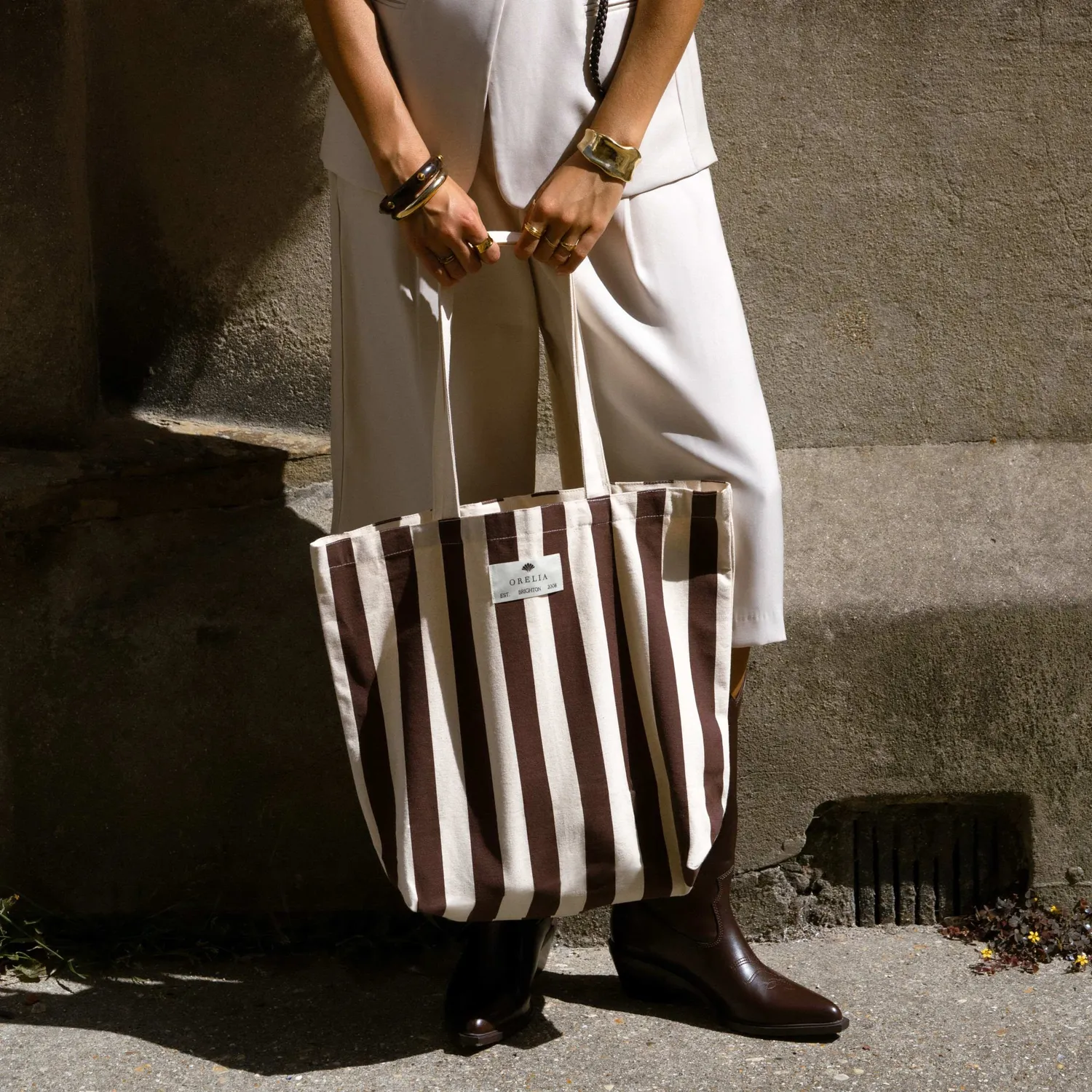 Orelia Beach Tote strandtaske brown stripe bomuld