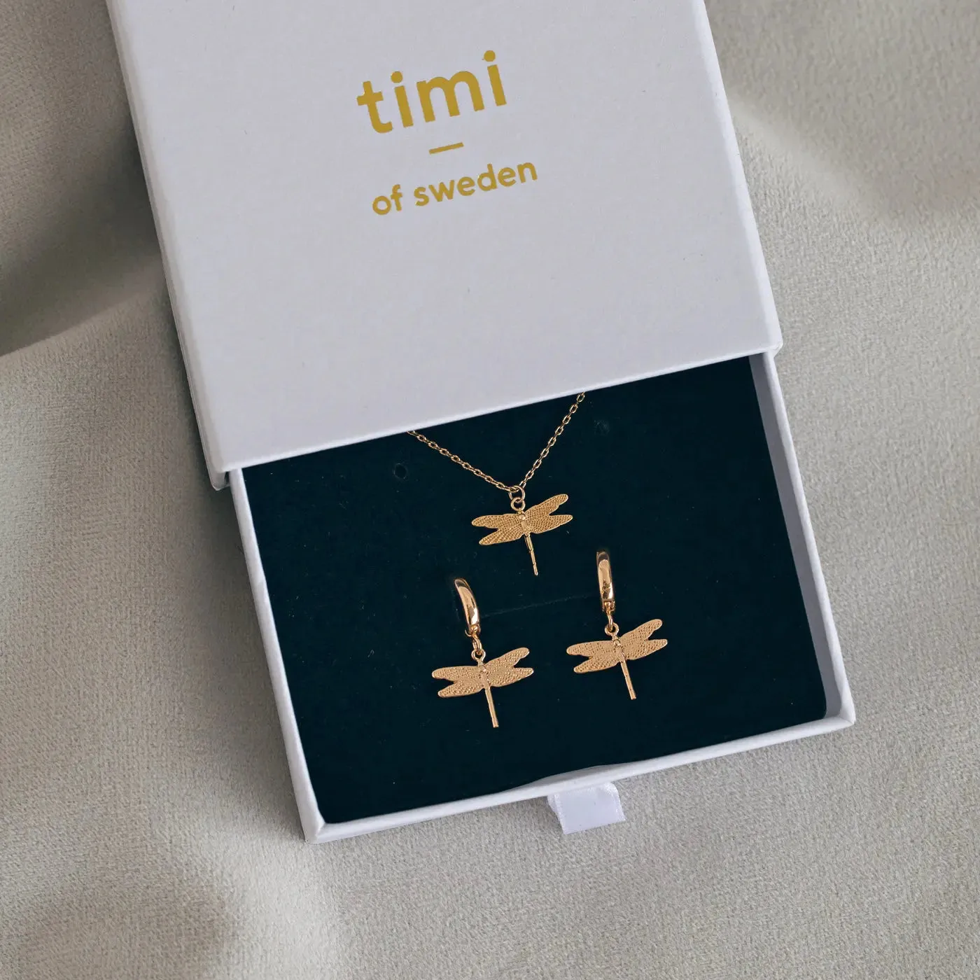 TIMI OF SWEDEN Dragonfly smykkesæt halskæde+øreringe sølv