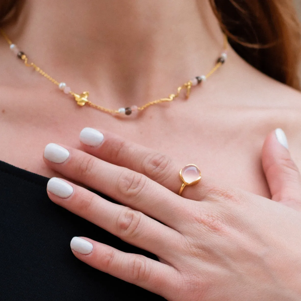 Bykjaergaard Glory ring forgyldt rosa kalcedon