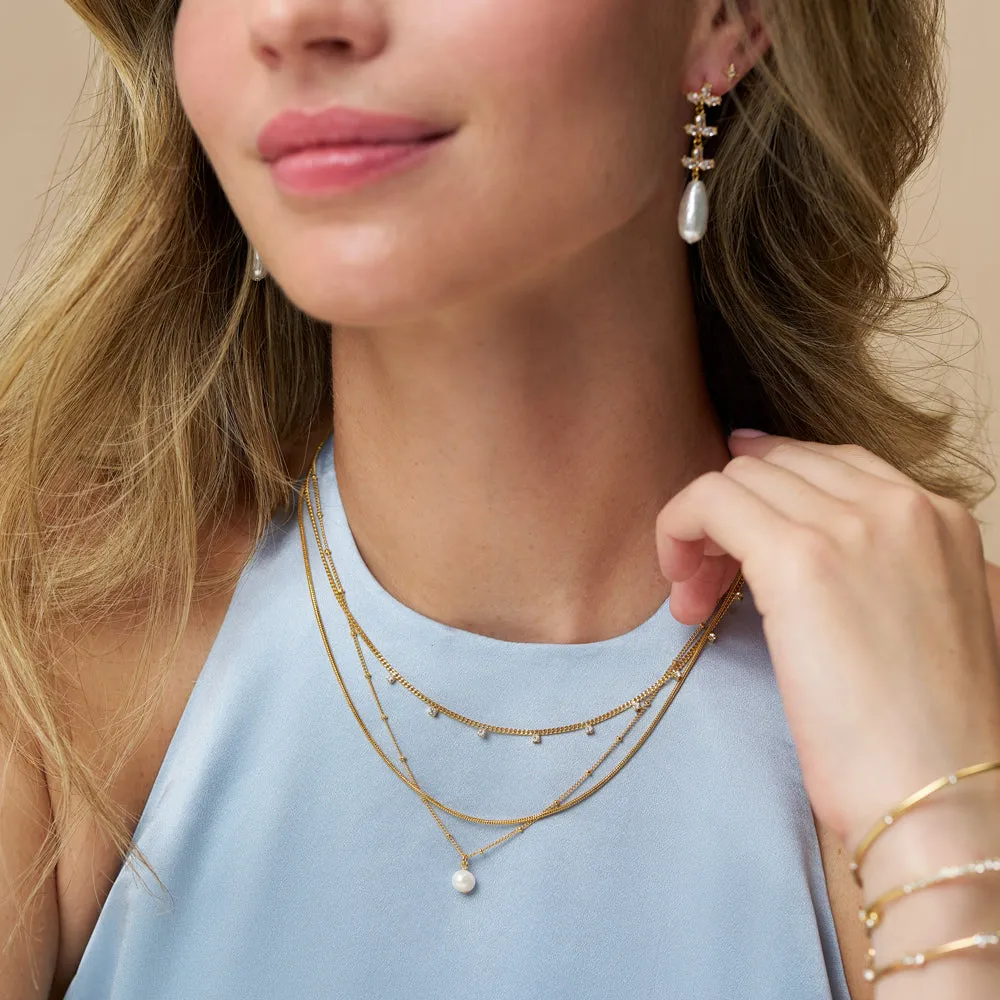 Orelia Pearl & Crystal 3-rækket halskæde guld